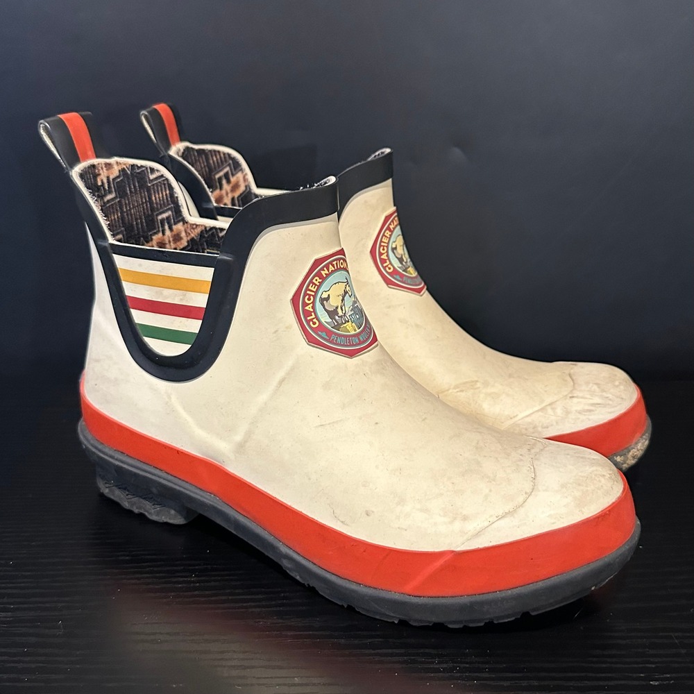 Pendleton Glacier National Park Rain Boots White Orange Stripe Chelsea Womens 7